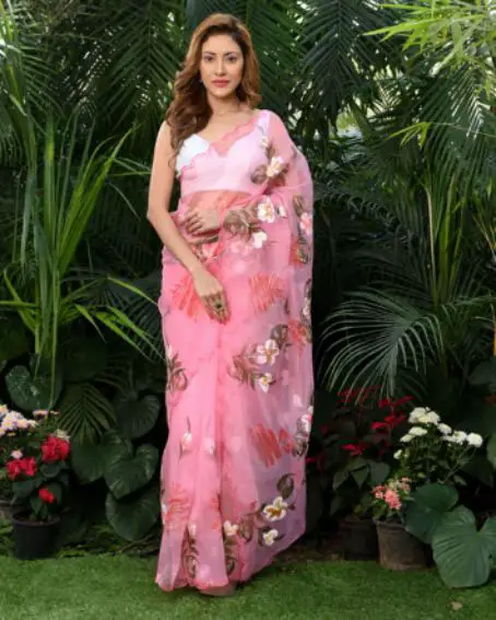 Pink Floral Print Organza Saree With Unstitched Blouse