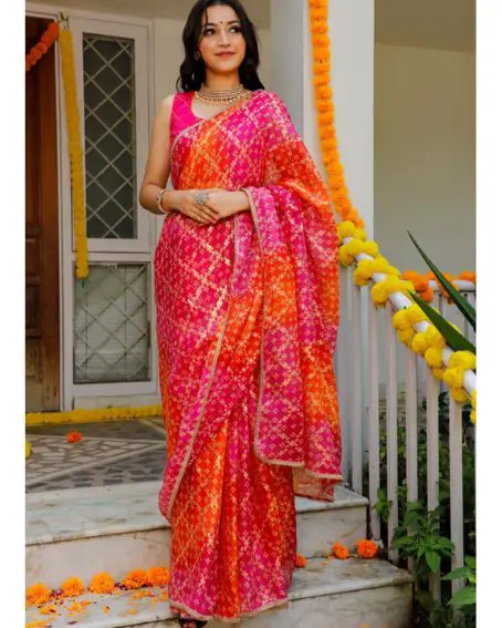 Pink-Orange Foil Printed Saree Embellished With Gota Lace With Unstitched Blouse