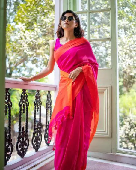 Pink Orange Soft Cotton Saree