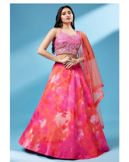 Pink Organza A Line Lehenga Choli with Sleeveless Blouse