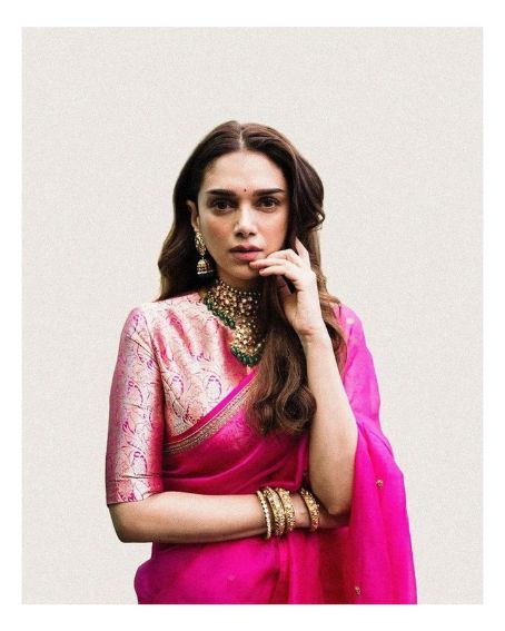 Pink Plain Saree With Banarasi Blouse