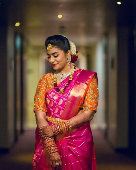 Pink Silk Saree with Orange Embroidery Blouse