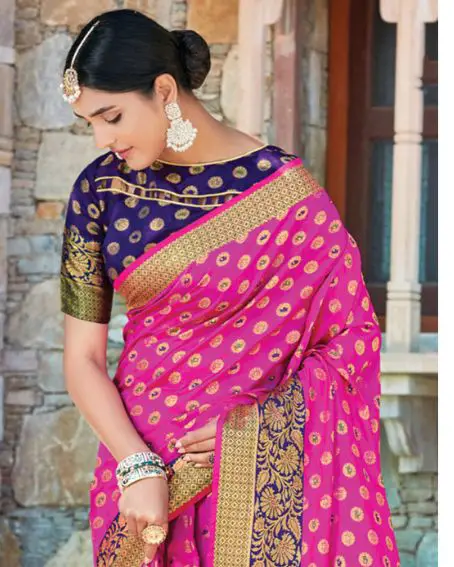 Pink Spun Silk Saree with Violet Blouse Blouse