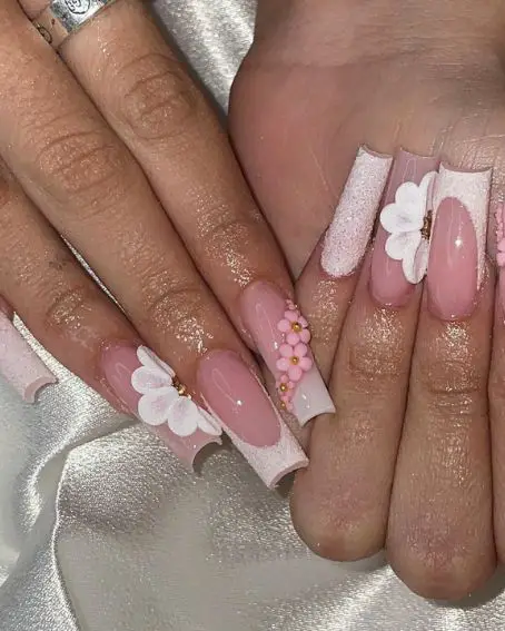 Pink color with Flower & Glitter homecoming nail Designs