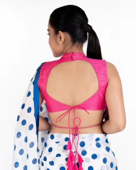 Pink raw silk padded blouse with back high button and dori