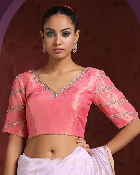 Pink Tissue Neckline Embroidered Saree Blouse