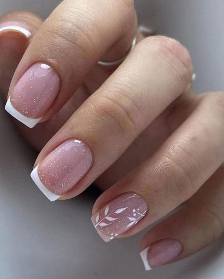 Pink with Leaves on Nails French Tip