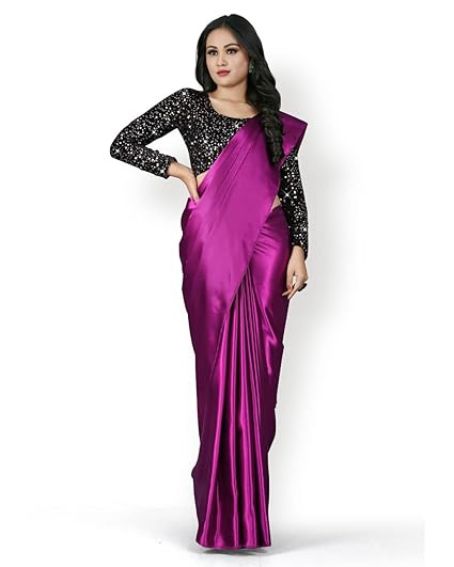 Plain Satin Silk Saree With Velvet Sequence Work Blouse