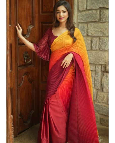 Pleated And Satin Half And Half Ombre Shaded Maroon And Mustard Saree