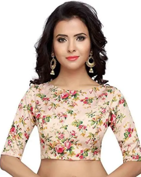 Poly Satin Floral Print Readymade Blouse for Saree with Boat Neck