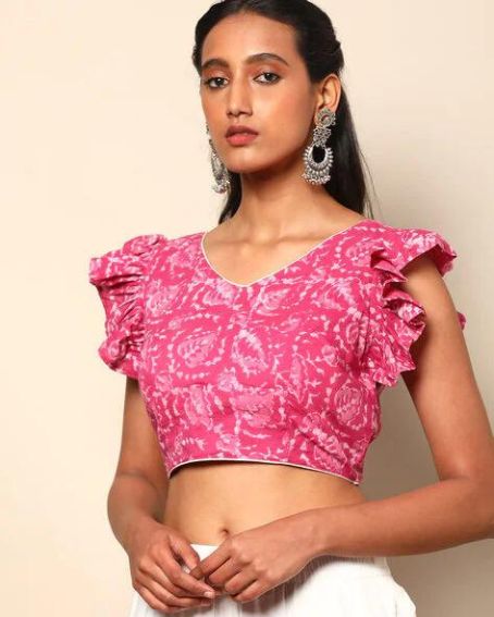 Printed Front-Open Padded Frill Sleeve Blouse