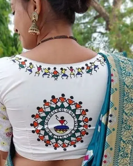 Printed Rangoli Work on White Blouse