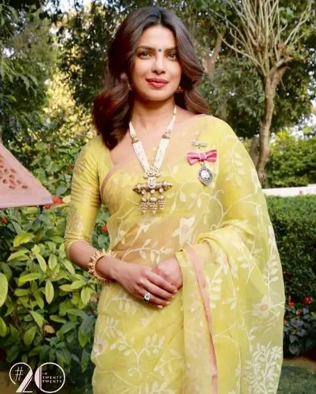 Priyanka Chopra in Lemon Yellow Color Saree with 3/4th Sleeves Blouse