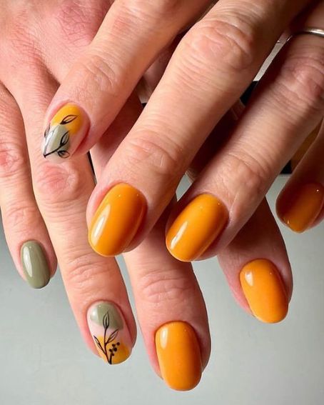 Pumpkin & Green Hand-Painted Fall Nail Art