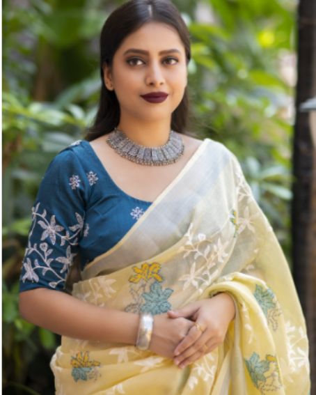 Pure Linen Saree With Multi Thread Embroidery Work - Yellow