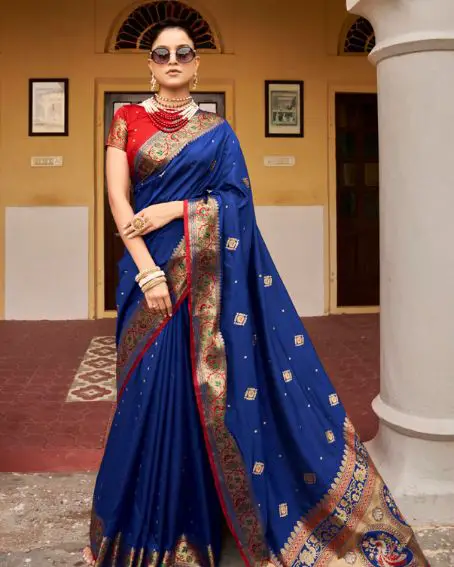 Pure Satin Silk Royal Blue Saree Contrast Blouse