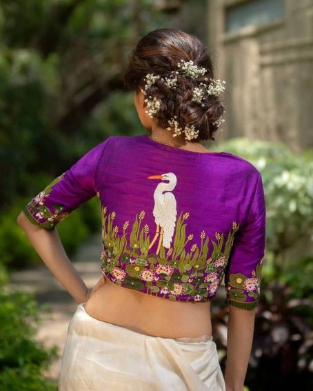 Purple Blouse With Embroidery With White And Green Colour