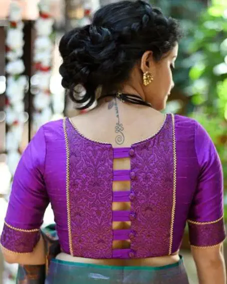 Purple Color Potli Back Blouse Design For Women