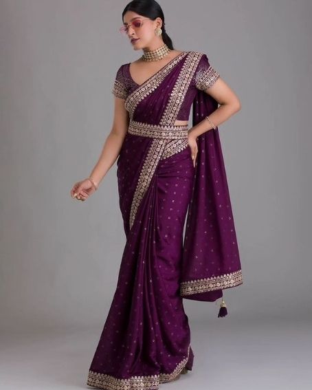 Purple Color Saree with Belt Style Blouse Design