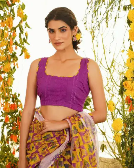 Purple Lined Cotton Aqida Back Tie-up Square Neck Blouse