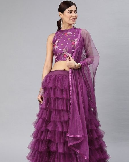 Purple Net Layered Lehenga with Sleeveless Blouse