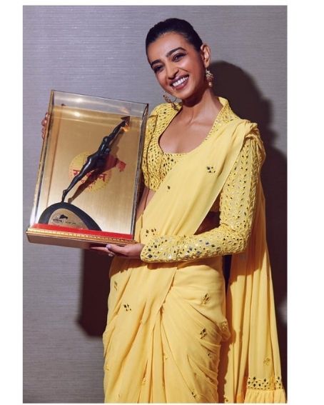 Radhika Apte in Yellow Color Full Sleeve Mirror Work Blouse