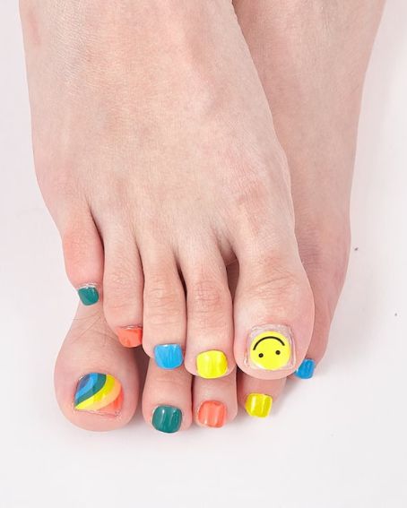 Rainbow Colors with Smile Emoji Toe Nail Designs