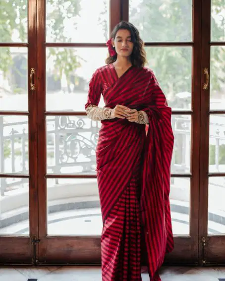 Red And Burgundy Silk Striped Blouse