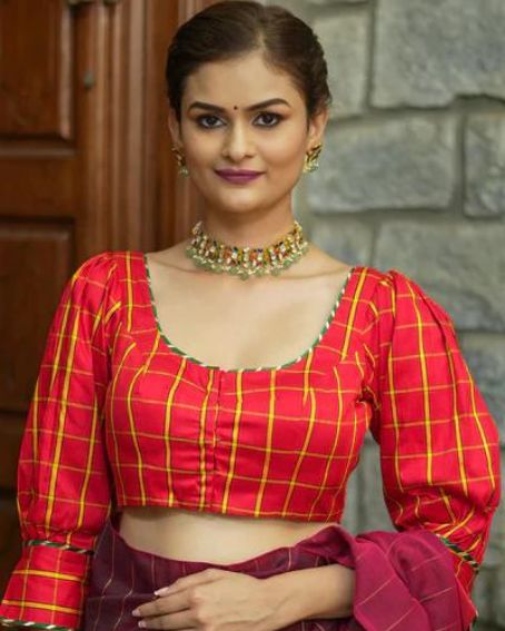 Red Checked Pure Raw Silk U Neck Blouse with Puff Sleeves