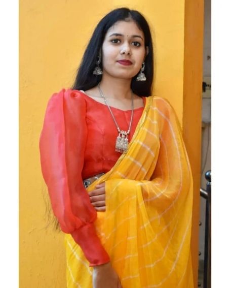 Red Color Balloon Sleeve Blouse with Yellow Plain Saree