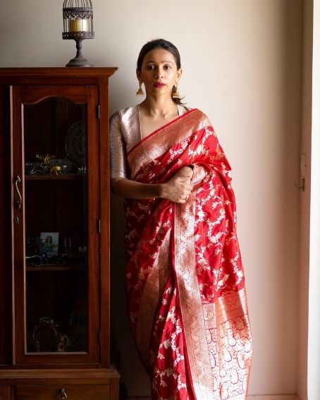 Red Color Benarasy Saree with Off White Brocade Blouse