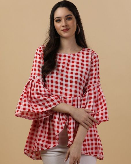 Red Color Checks Style Asymmetric Overlap Blouse