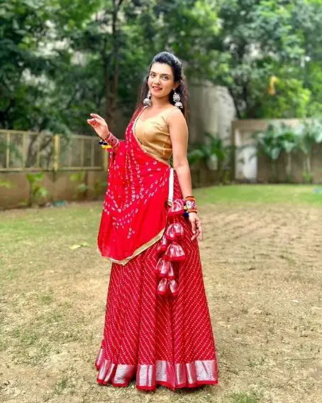 Red Color Lehanga with Gold Plain Sleeveless Blouse 