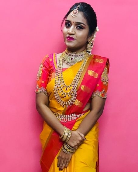 Red Color Maggam Work Blouse with Yellow Saree