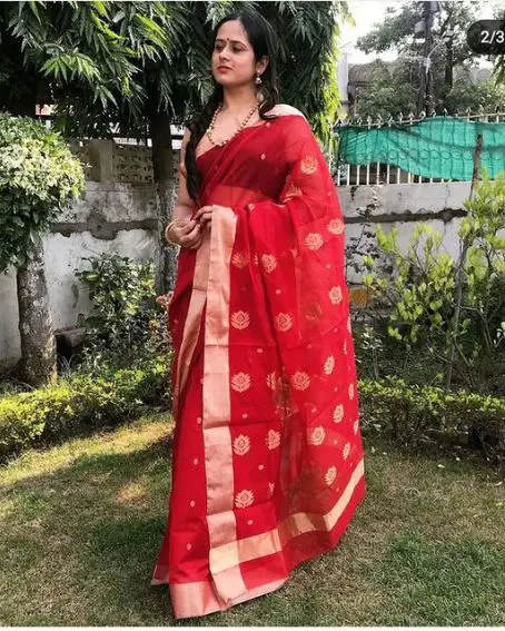 Red Color Plain Cotton Saree With Blouse