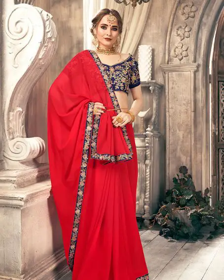 Red Georgette Daily Wear Lace Work Saree