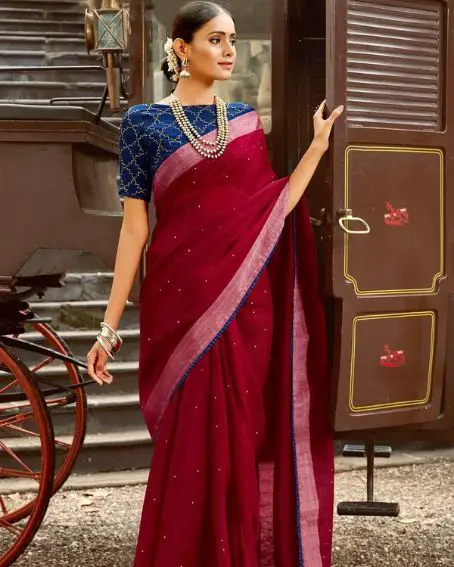 Red Linen Saree with Blue Boat Neck Blouse