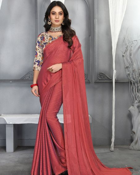 Red Party Wear Silk Saree With Printed Blouse