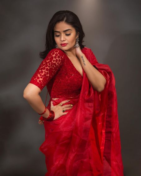 Red Plain Saree with Net Designery Blouse
