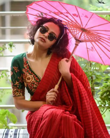 Red With Black Lines Handloom Cotton Saree and Without Blouse