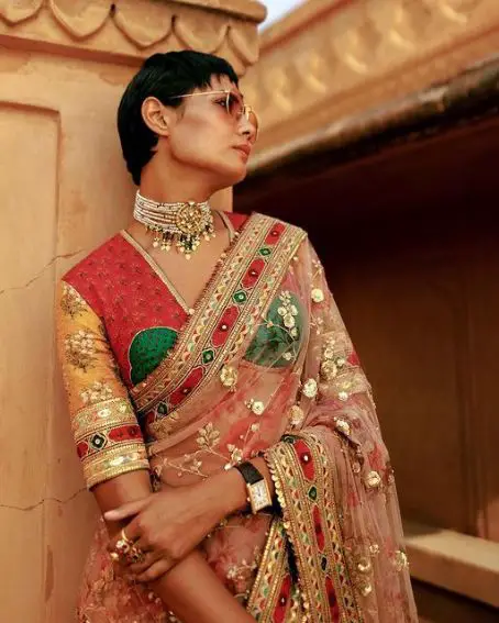 Red and Yellow Embroidery V Neck Blouse