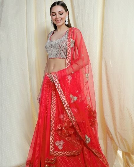 Rose Embellished Sleeveless Blouse With Lehenga And Dupatta - Customisable 