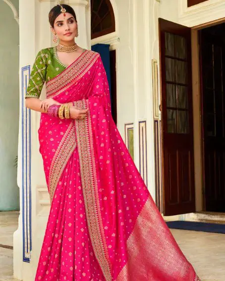 Rose Pink Woven Banarasi Designer Silk Saree With Contrast Blouse