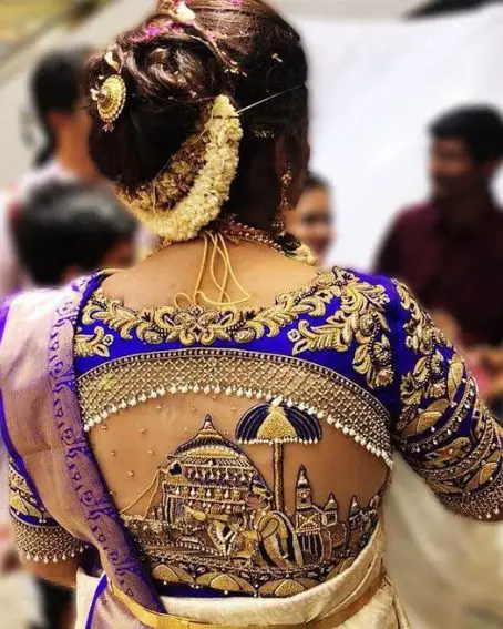 Royal Blue Wedding Blouse Design With Embroidery Design