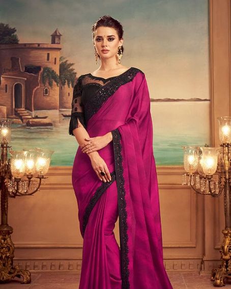 Ruby Pink & Black Designer Embroidered Silk Party Wear Saree