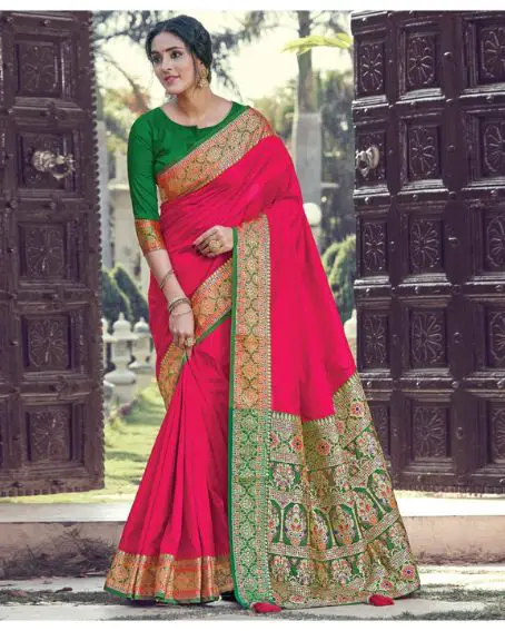 Ruby Pink Pure Silk Plain Saree With Heavy Border