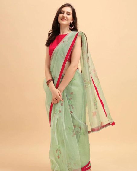 Sage Green Digital Print Organza Saree With Pink Colored Blouse