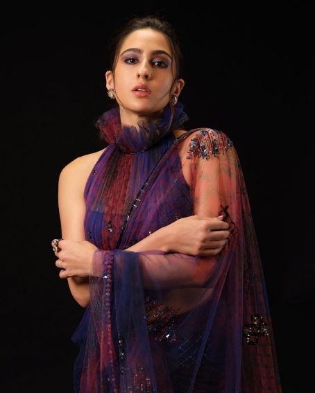 Sara Ali Khan in High Neck Blouse with Net Saree