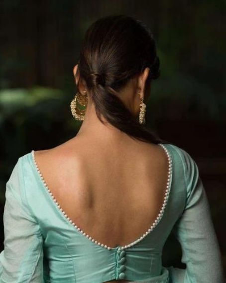 Sea Green Silk Blouse With Chiffon Gathered Sleeves And Border Detailing