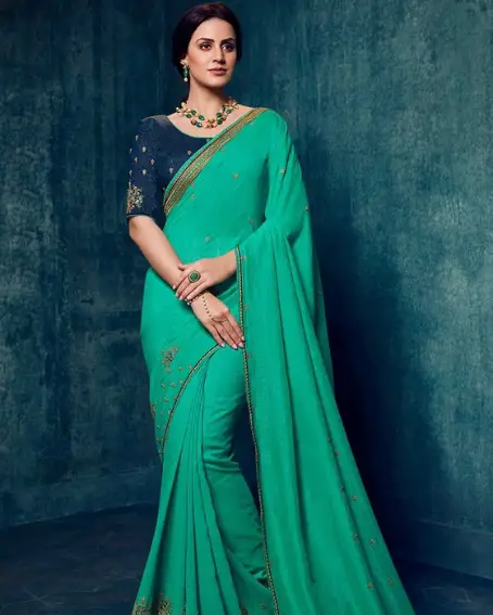 Sea Green Silk Embroidered Saree with Pure Silk Navy Blue Blouse